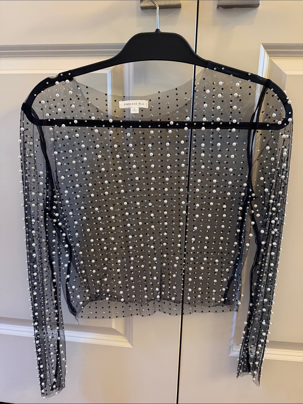 Endless Blu boutique Black Sheer Pearl-Embellished Long Sleeve Top